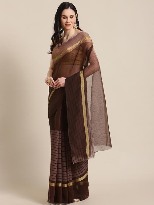 women's stripes brown colored saree with blouse - 17914327 - Very Small Image - 1