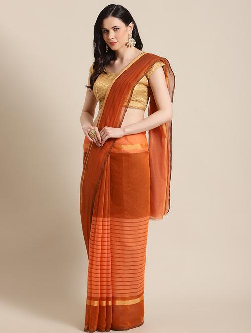 women's stripes orange colored saree with blouse - 17914332 - Very Small Image - 1