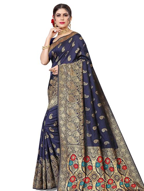 women's self design navy blue colored saree with blouse - 17914394 - Very Small Image - 1