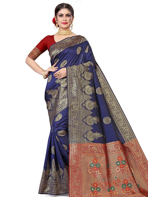 women's self design navy blue colored saree with blouse - 17914397 - Very Small Image - 1