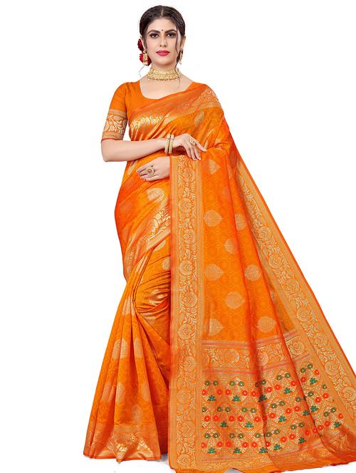 women's self design orange colored saree with blouse - 17914415 - Very Small Image - 1