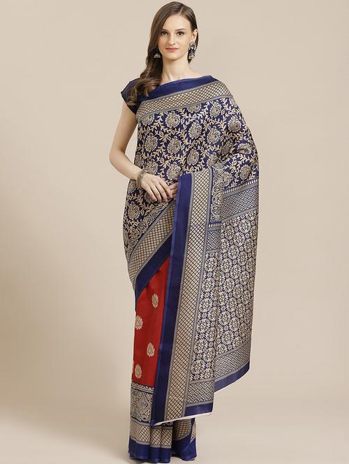 women's floral navy blue colored saree with blouse - 17914861 - Very Small Image - 1