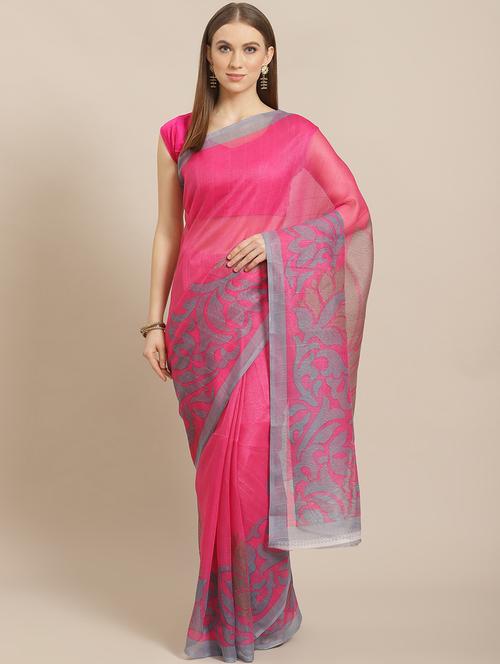 women's floral pink colored saree with blouse - 17914940 - Very Small Image - 1