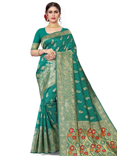 women's self design sea green colored saree with blouse - 17915018 - Very Small Image - 1