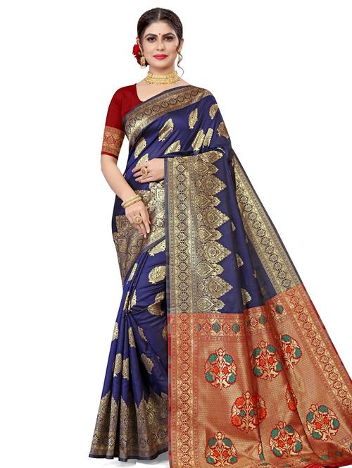 women's self design navy blue colored saree with blouse - 17915035 - Very Small Image - 1