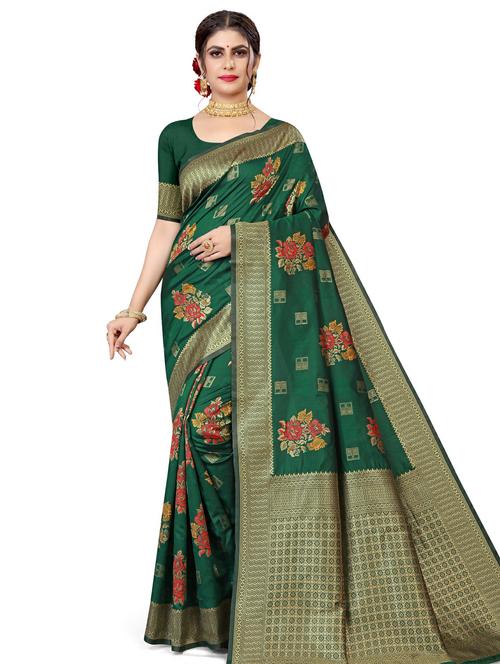 women's self design bottle green colored saree with blouse - 17915043 - Very Small Image - 1