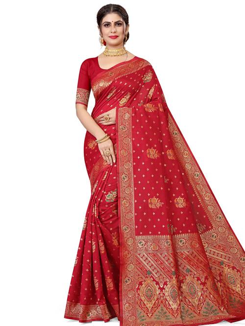 women's self design red colored saree with blouse - 17915053 - Very Small Image - 1