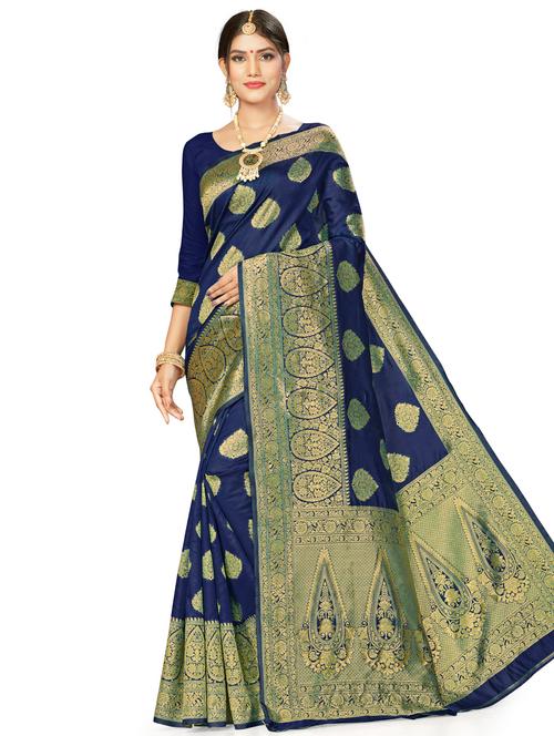 navy blue woven saree with blouse - 17922064 - Very Small Image - 1