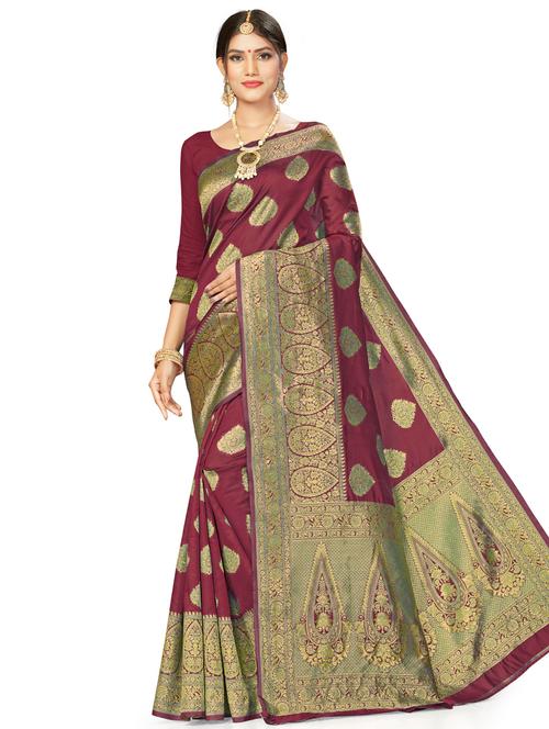 maroon silk blend saree with blouse - 17922065 - Very Small Image - 1