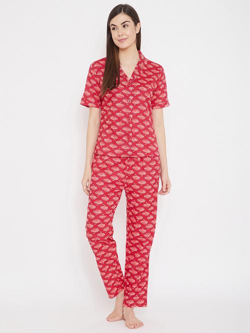 lapel neck printed nightwear pajama set - 17923752 - Very Small Image - 1