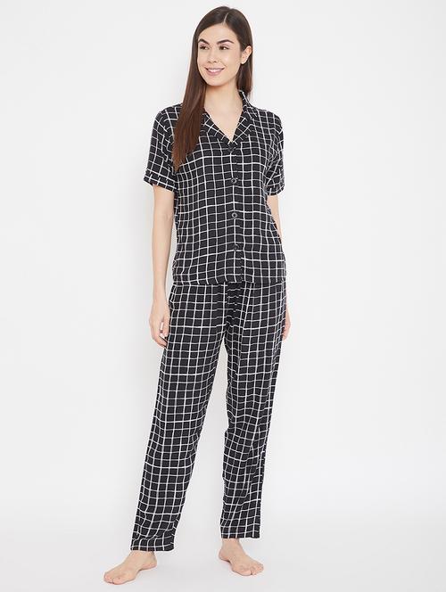 lapel neck checkered nightwear pajama set - 17923757 - Very Small Image - 1