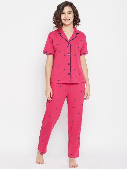 lapel neck printed nightwear pajama set - 17923758 - Very Small Image - 1