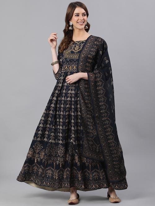 navy cotton kurta dupatta set - 17924584 - Very Small Image - 1