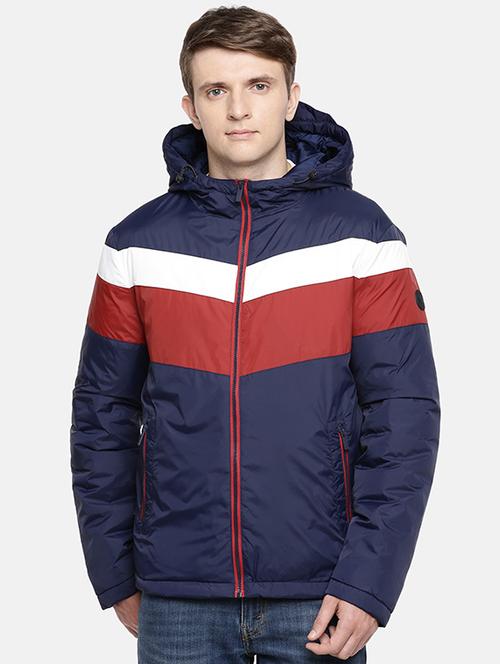 navy blue color block casual jacket - 17928138 - Very Small Image - 1