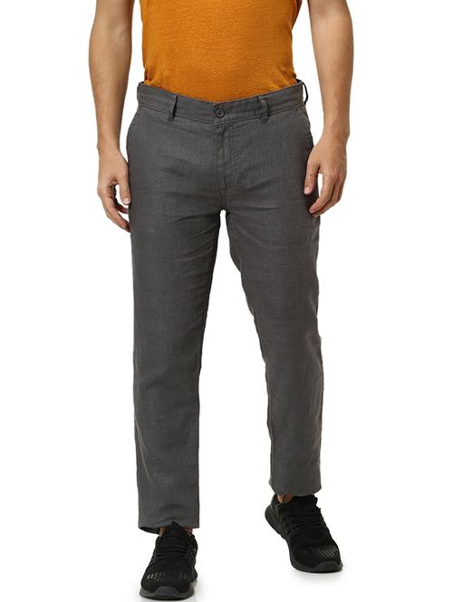 grey solid linen flat front casual trouser - 17928535 - Very Small Image - 1