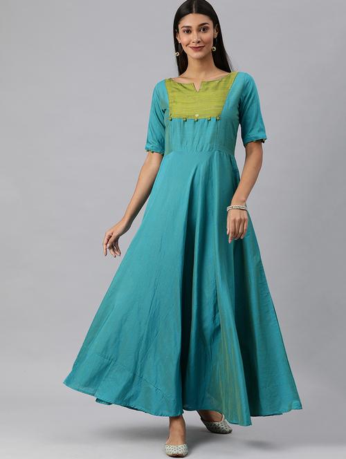 solid contrast yoke fit & flare ethnic dress - 17930811 - Very Small Image - 1