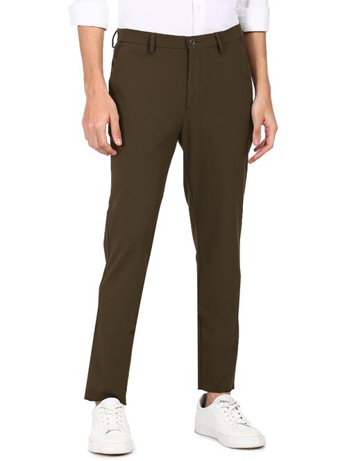 olive green solid flat front casual trouser - 17930868 - Very Small Image - 1