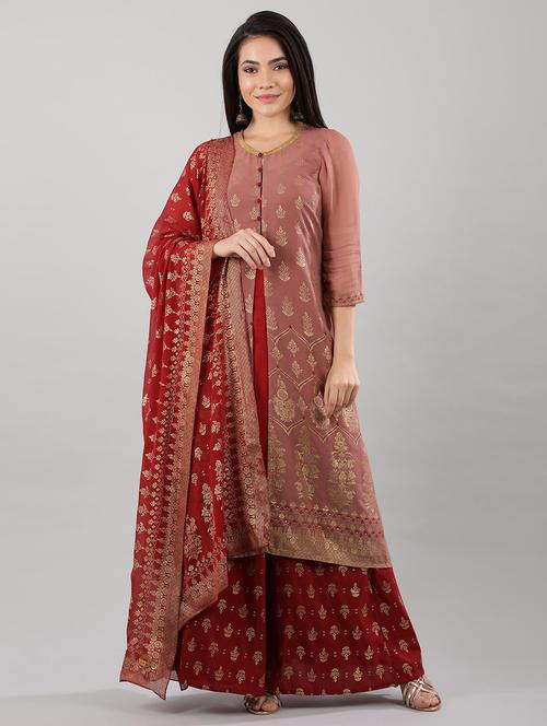 gold print a-line kurta palazzo with dupatta - 17933225 - Very Small Image - 1