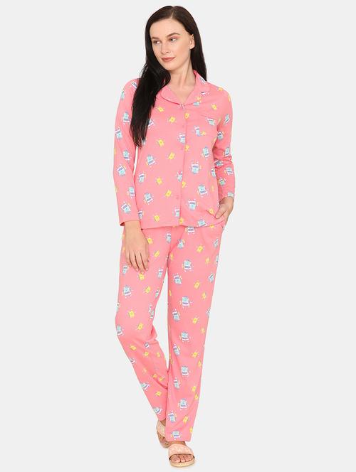 lapel neck printed nightwear pajama set - 17933775 - Very Small Image - 1