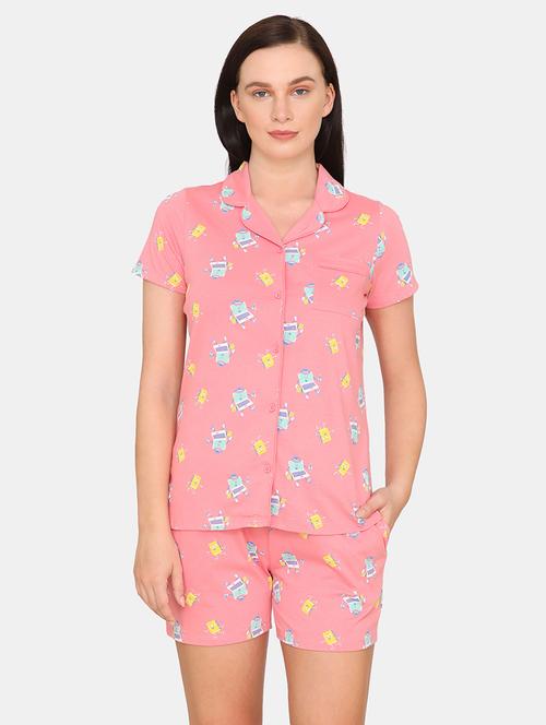 lapel neck printed nightwear shorts set - 17933776 - Very Small Image - 1