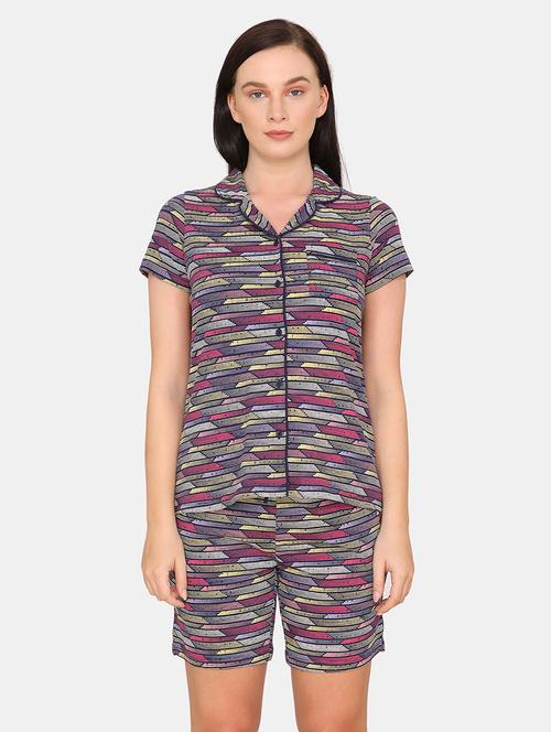 lapel neck printed nightwear shorts set - 17933778 - Very Small Image - 1