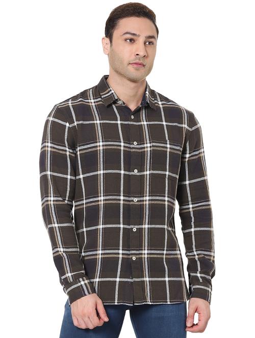 olive green checkered casual shirt - 17934015 - Very Small Image - 1