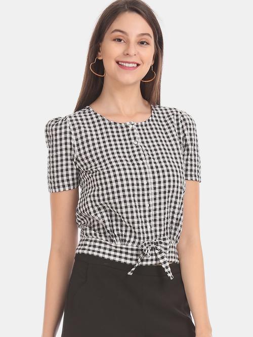 round neck checkered top - 17935282 - Very Small Image - 1