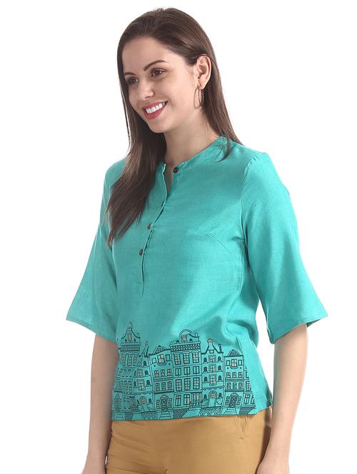 mandarin neck printed top - 17935535 - Very Small Image - 1