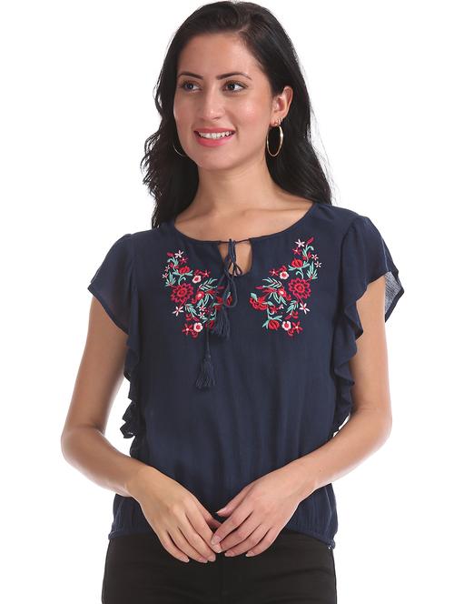 tie up neck embroidered detail top - 17935545 - Very Small Image - 1