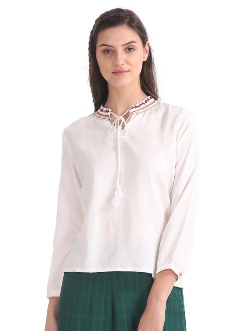 tie up neck embroidered detail top - 17935714 - Very Small Image - 1
