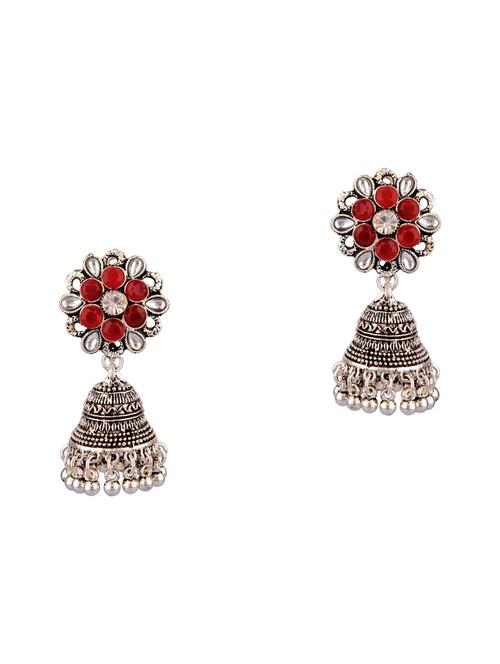 red oxidized bohemian crystal jhumka earrings - 17937789 - Very Small Image - 1