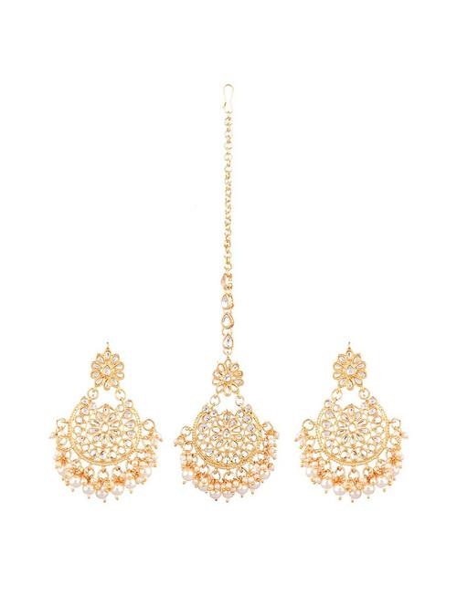 white traditional kundan maang tikka earrings set - 17937882 - Very Small Image - 1