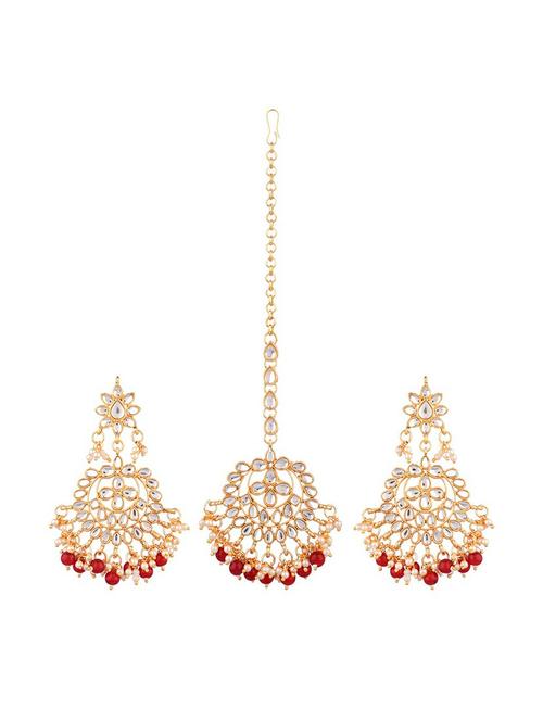 red traditional kundan maang tikka earrings set - 17937888 - Very Small Image - 1