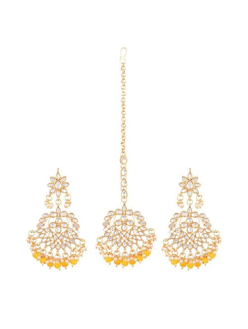 yellow traditional kundan maang tikka earrings set - 17937893 - Very Small Image - 1