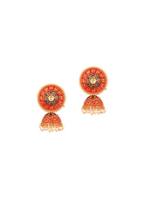 red kundan jhumka earrings set - 17947687 - Very Small Image - 1