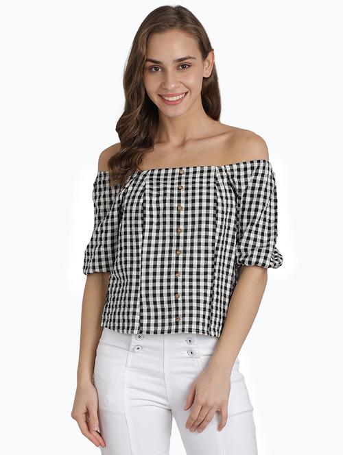 off shoulder puff sleeve checkered top - 17948234 - Very Small Image - 1
