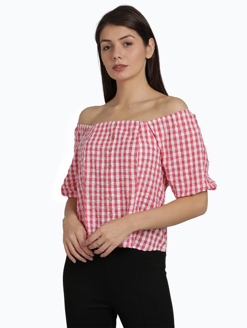 off shoulder puff sleeve checkered top - 17948235 - Very Small Image - 1