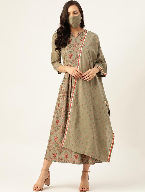 olive printed anarkali kurta, dupatta - 17948827 - Very Small Image - 1