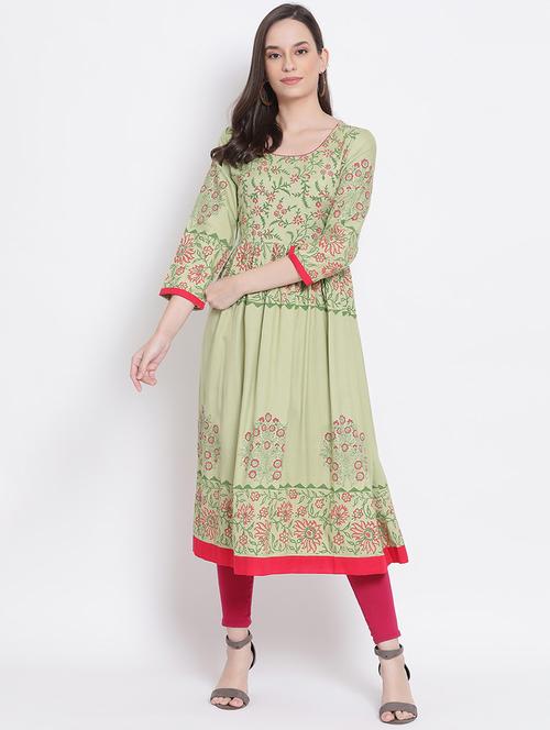olive rayon anarkali kurta - 17948955 - Very Small Image - 1