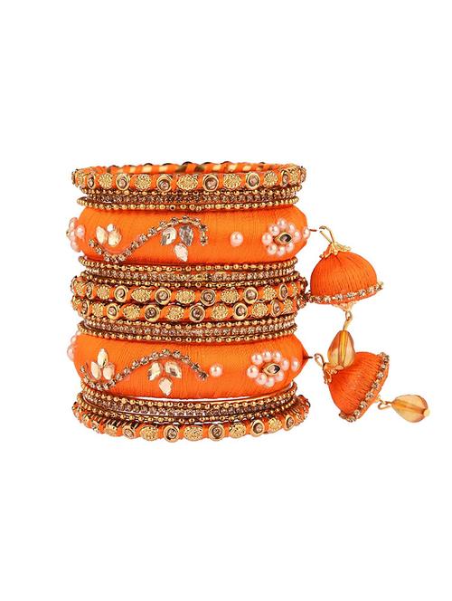 orange kundan silk thread bangle set (set of 18) - 17949882 - Very Small Image - 1