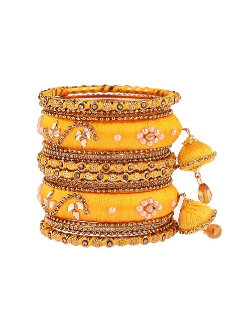 yellow kundan silk thread bangle set (set of 18) - 17949884 - Very Small Image - 1