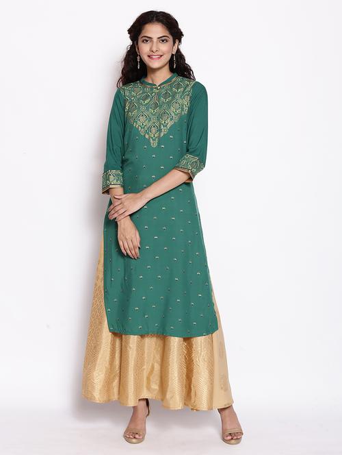 green printed straight kurta palazzo set with dupatta - 17950014 - Very Small Image - 1