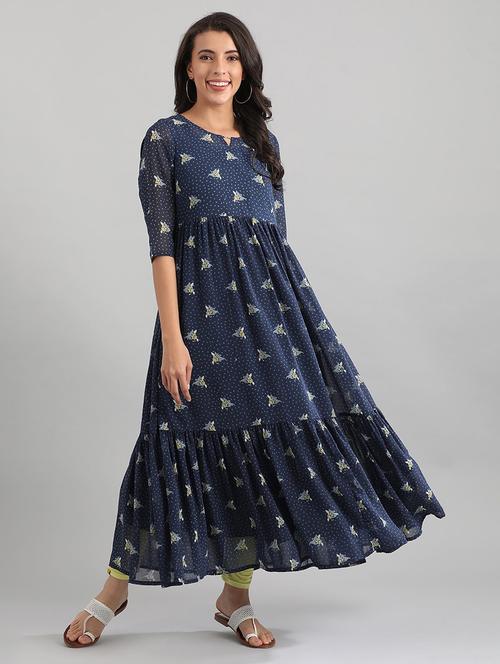 navy blue printed flared kurta - 17950050 - Very Small Image - 1