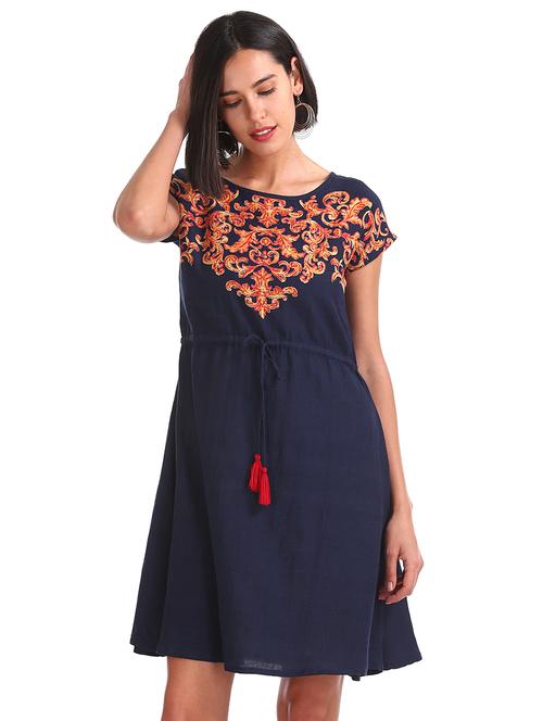 drawstring waist printed flared dress - 17951560 - Very Small Image - 1