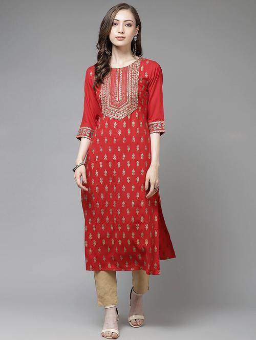 gold print straight kurta - 17954302 - Very Small Image - 1