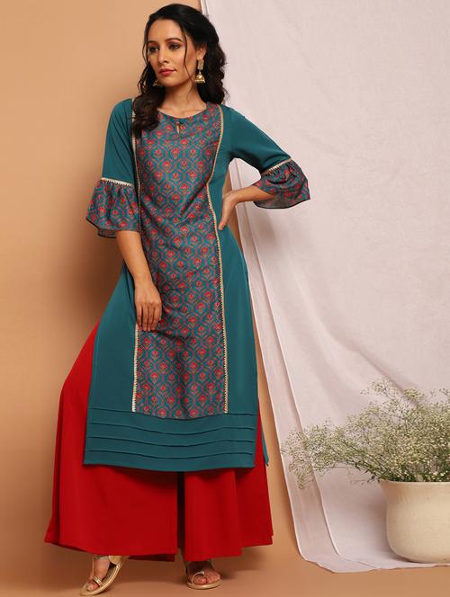 teal bell sleeves straight kurta - 17954729 - Very Small Image - 1