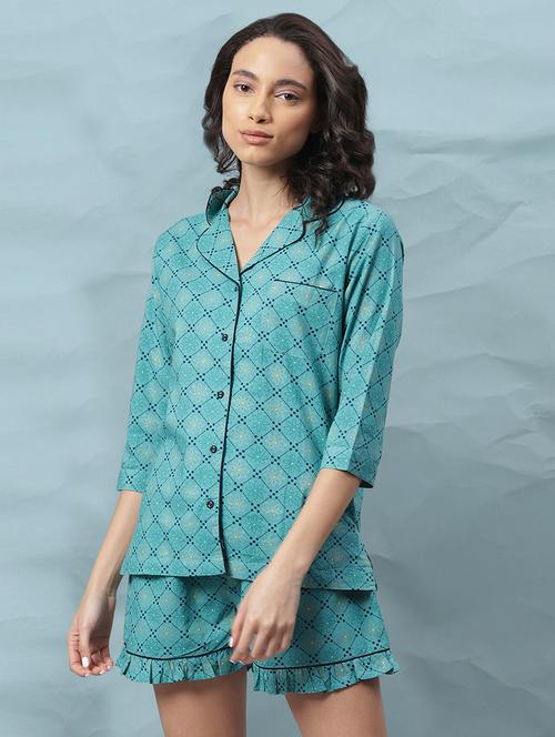 lapel neck printed nightwear shorts set - 17954777 - Very Small Image - 1