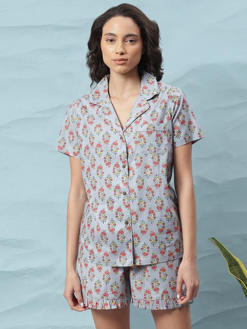 lapel neck printed nightwear shorts set - 17954782 - Very Small Image - 1