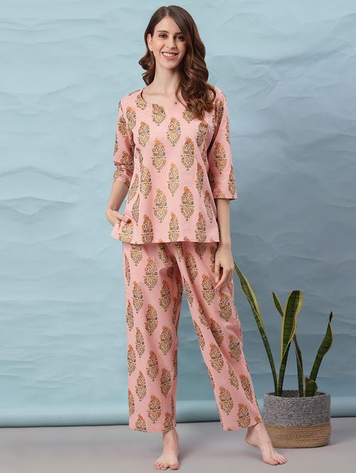 notch neck printed nightwear pajama set - 17954783 - Very Small Image - 1