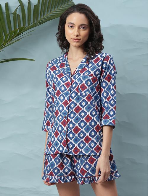 lapel neck printed nightwear shorts set - 17954784 - Very Small Image - 1